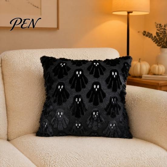 Fuzzy Ghost Throw Pillow Cover Halloween Cushion Cover, 18x18 Inch Covers Washable Plush Case for Sofa Couch Home Holiday Decor Accent Pieces