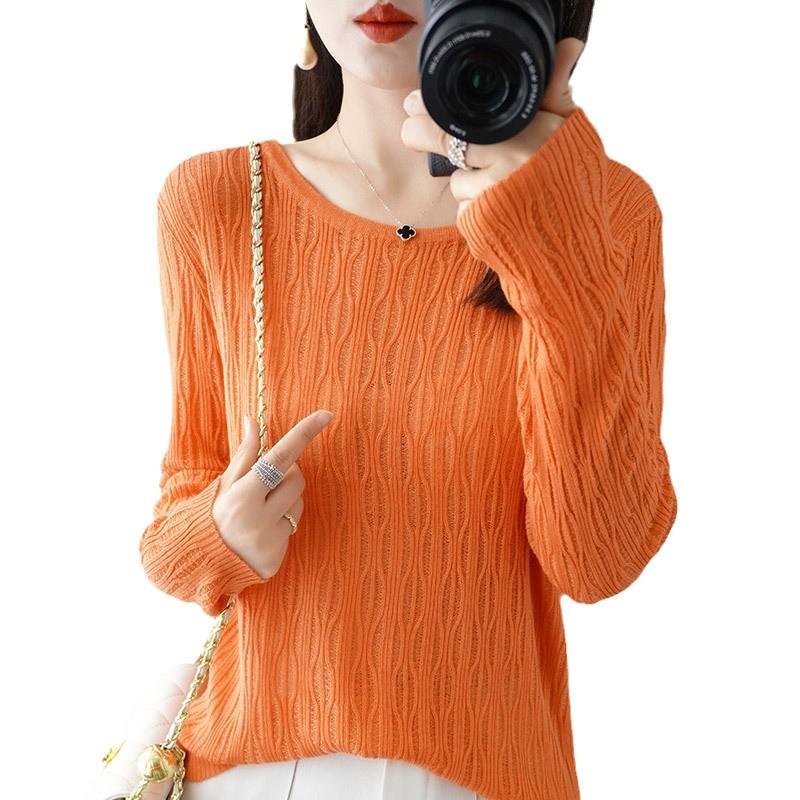 Women's Korean Style Loose Knit Pullover - Low Round Neck, Long Sleeve, Lightweight for Layering
