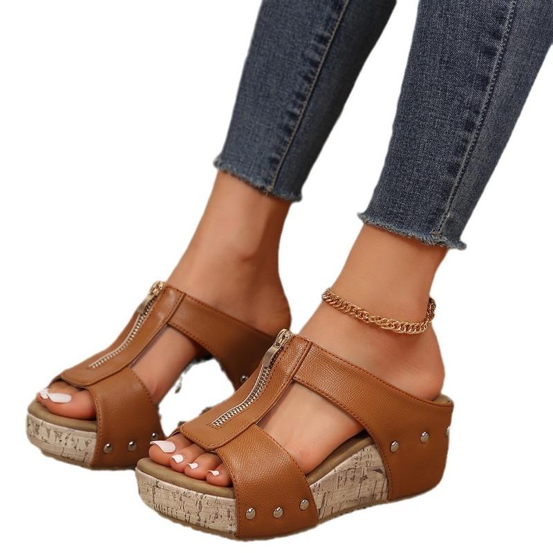 Women's Plus Size Peep Toe Wedge Sandals Rivet Decor Thick Platform Sole Casual Open Toe Footwear
