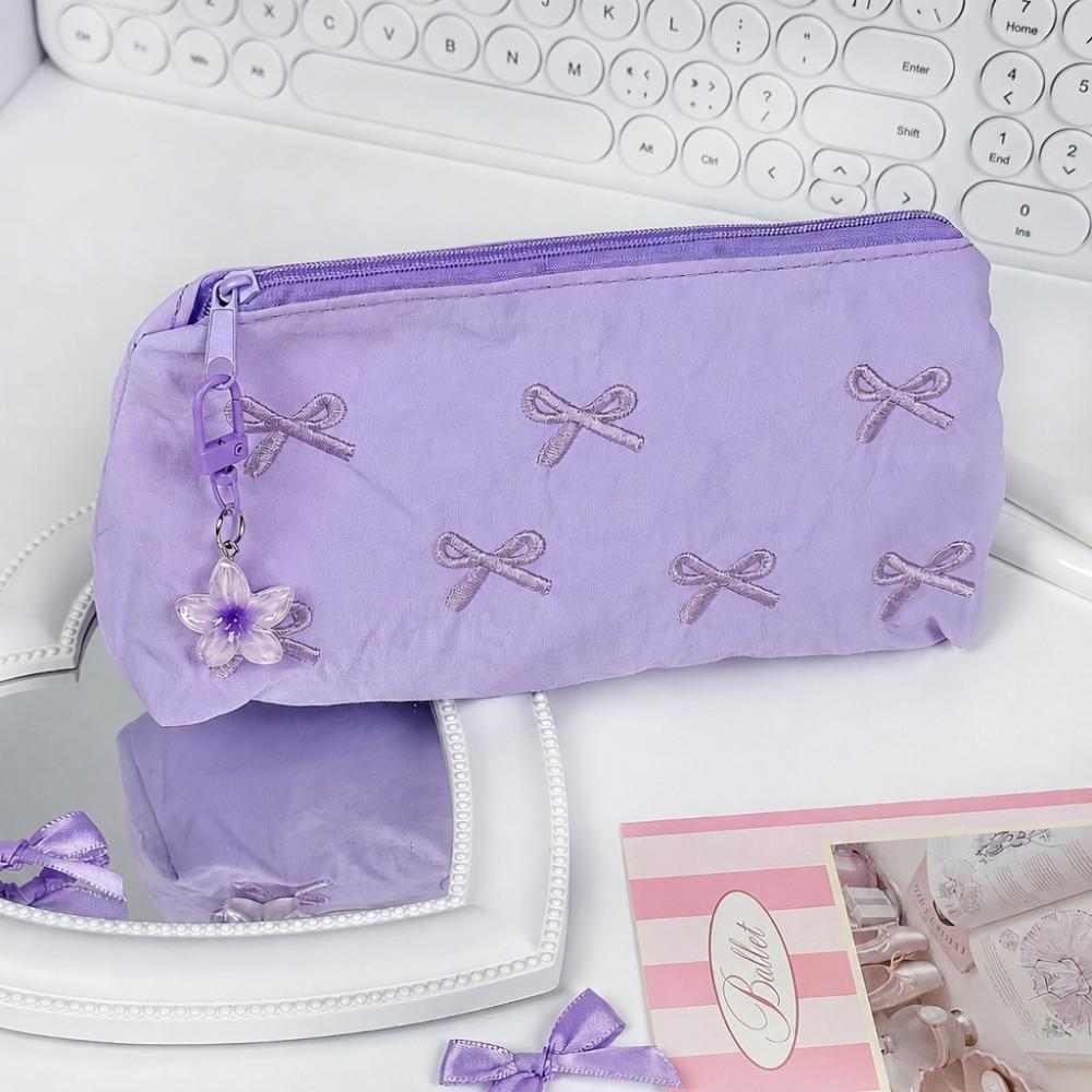 Bow Embroidered Pen Bag Large Capacity Pencil Pouch Durable Stationery Organizer  Gift