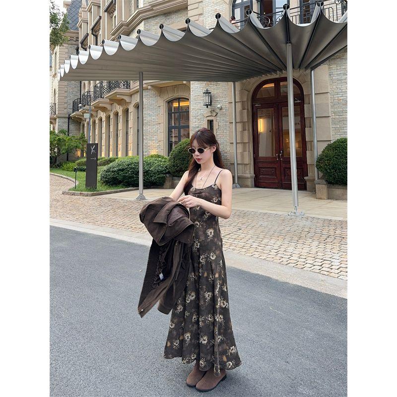 Kumikumi High-Grade Suede Long-Sleeved Jacket Coat Women's Autumn Inner Strap Dress Two-Piece Set