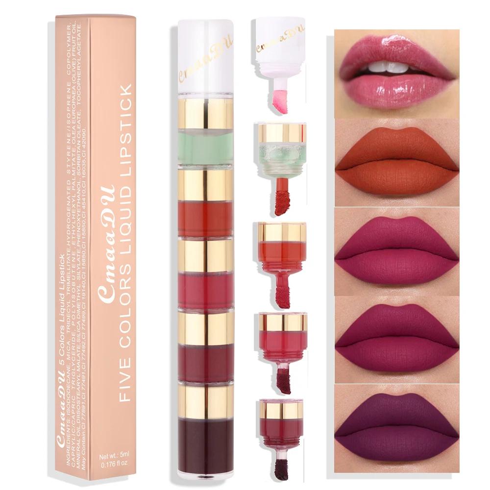5 i 1 Matte Lipstick Kit Combo Strip Velvet Sexy Red Lip Tint Non-stick Cup Lip Gloss Lip Oil Makeup Lips Kosmetisk sett