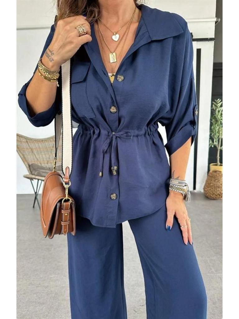 2025 Women's Autumn Casual Set: Solid Color Drawstring Top & Wide-Leg Pants