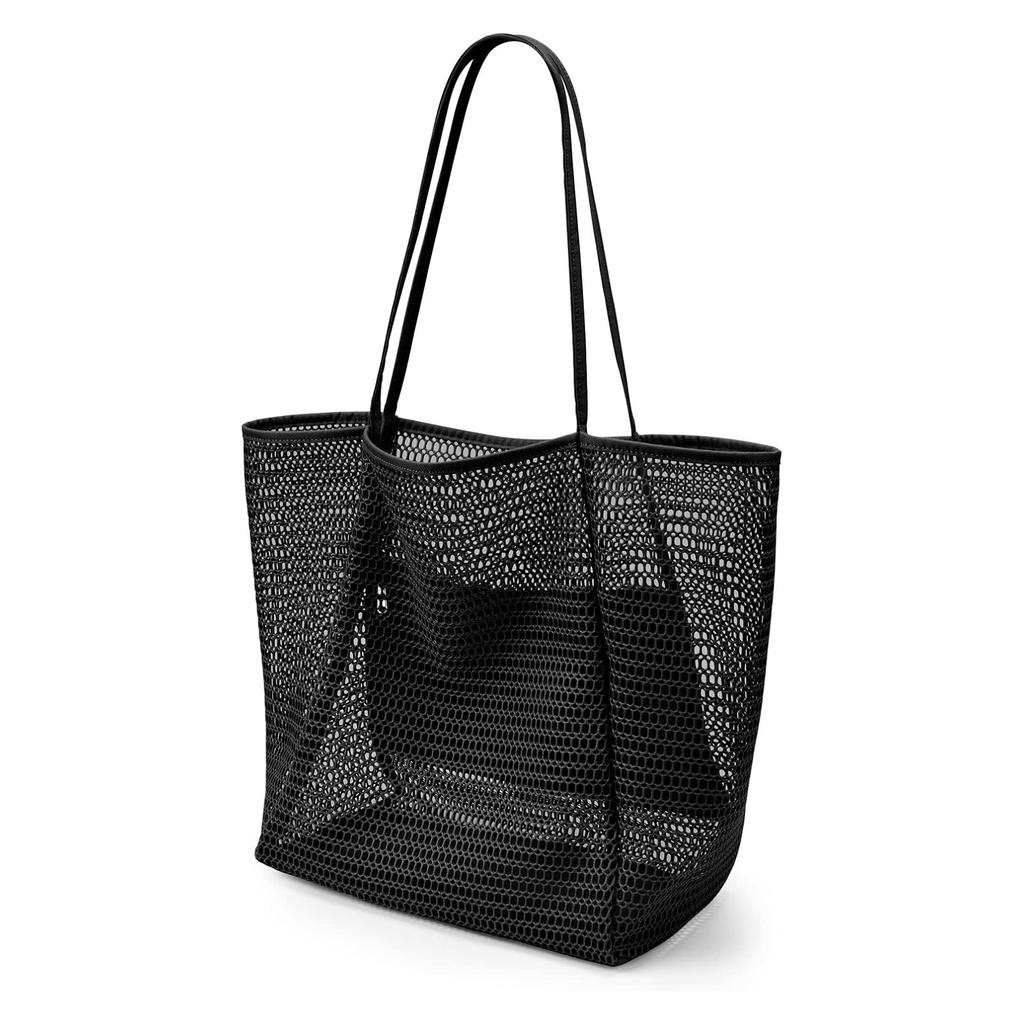 Mesh beach bag, women's shoulder tote bag, large capacity foldable mesh swim bag with pocket.-zmt