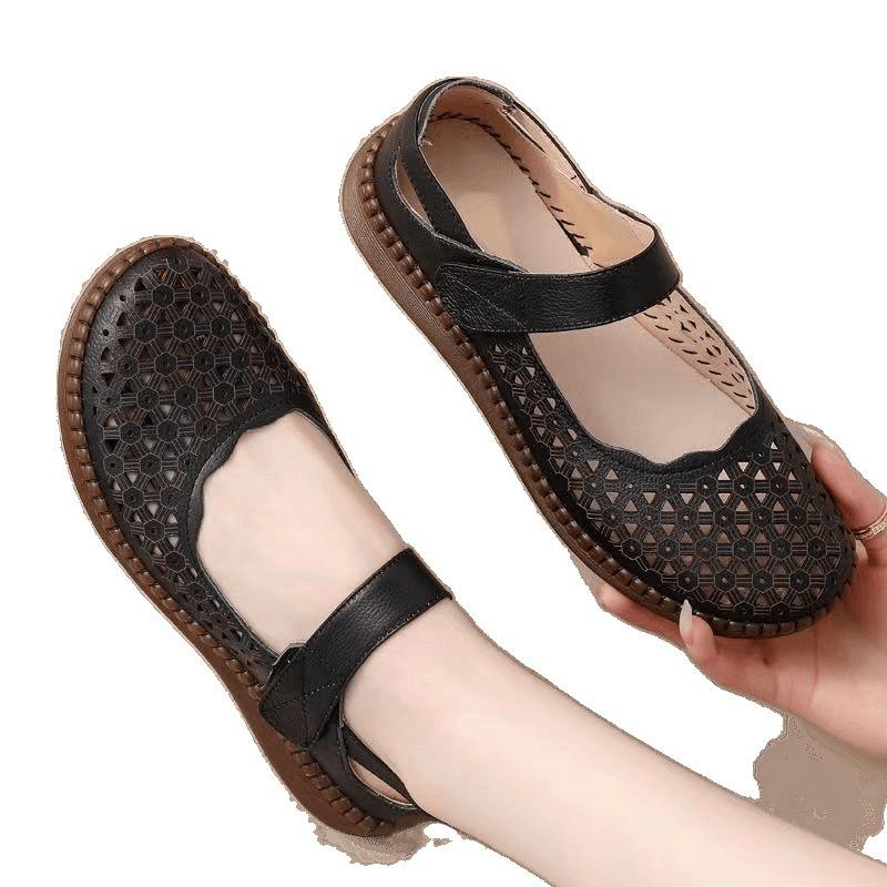 Leather sandals beef tendon sole breathable non-slip middle-aged and elderly mother shoes women's soft sole non-slip and deodorant hollow hole shoes