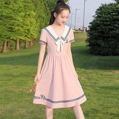 Navy Collar Short Sleeve College Style Dress for Girls - Perfect for Primary and Secondary Students