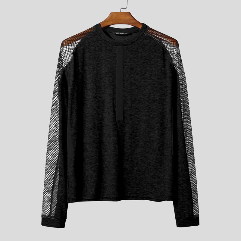 

INCERUN Мужские футболки с круглым вырезом и длинным рукавом в сетку, в стиле пэчворк, прозрачные футболки, майки 4XL чёрный