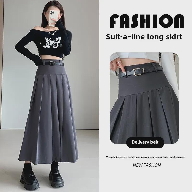 Autumn Women's Belted A-Line Pleated Skirt - New Slim Fit, Hip-Covering, Draped Style