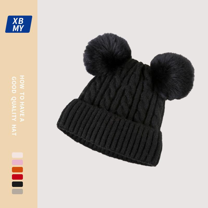 Winter hat men's and women's new adult plush double hairball pullover wool hat, warm and cute knitted hat tide