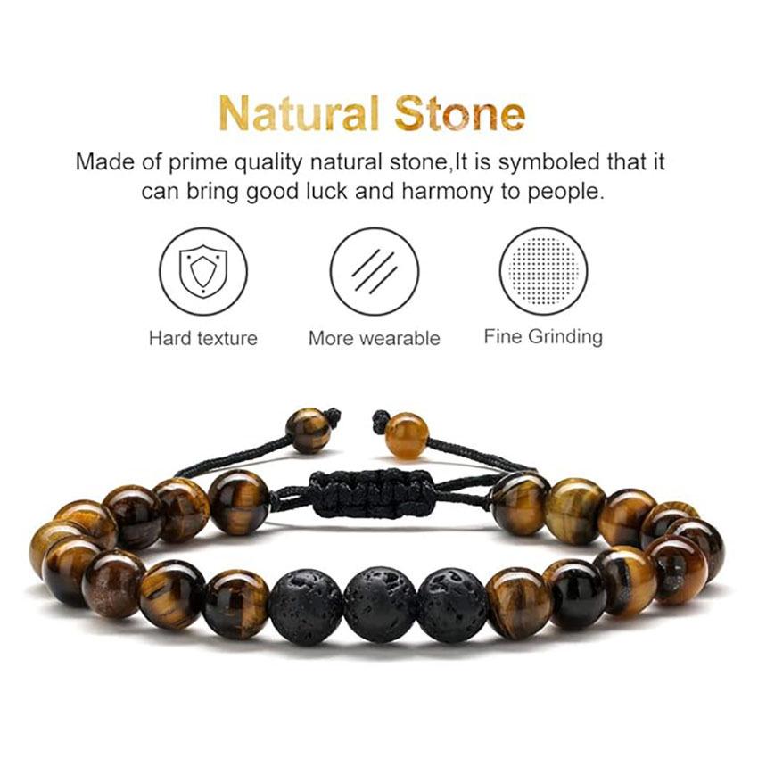 Pulseira Tecida Masculina Olho de Tigre e Pedra Vulcânica - Presente de Joia Feito à Mão, Contas de Ágata Negra de 8mm