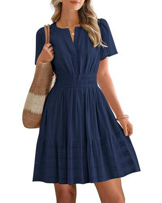 European & American V-neck Pleated Puff Sleeve Layered Dress for Women
