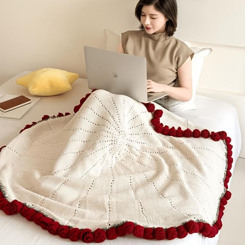 Handgestrickte Rose Blume Decke Strauß Romantisches Valentinstagsgeschenk Weiche Nickerchen Überwurfdecke