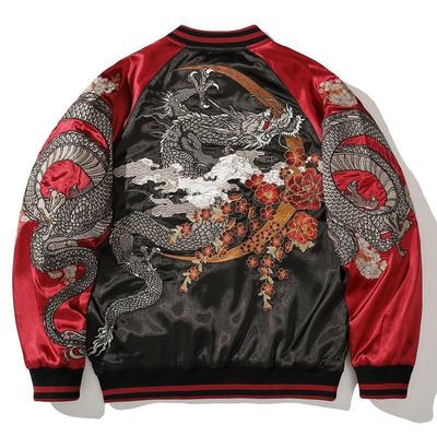 Jaqueta Hip Hop Dragão Bordado Contraste Cor High Street Baseball Coat Harajuku Trendy Outerwear Casual Loose Jacket For Men