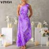 VONDA Women One Shoulder Sleeveless Twisted Waist Floral Print Irregular Holiday Dress