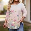 Women's Fashionable Casual Floral Print Plus Size Three-Quarter Sleeve Round Neck Top With Curved.