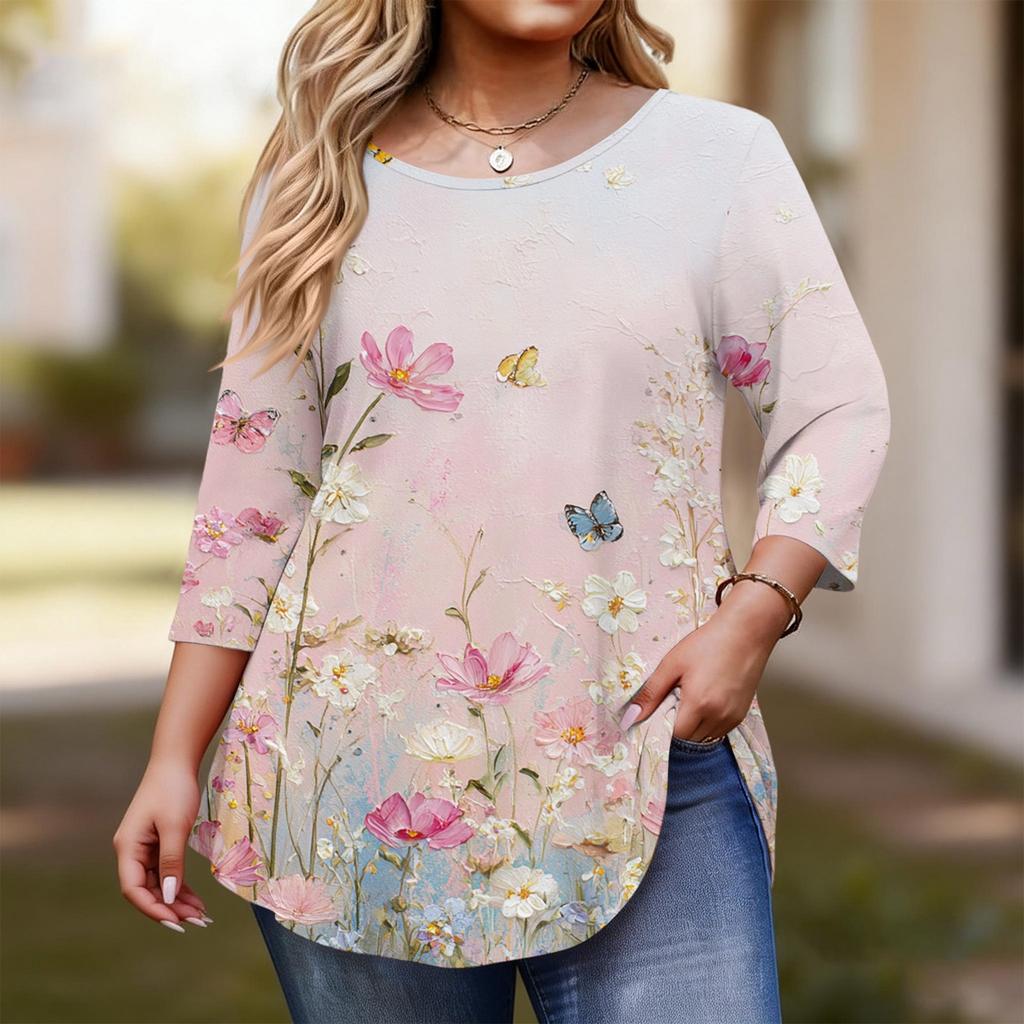 Women's Fashionable Casual Floral Print Plus Size Three-Quarter Sleeve Round Neck Top With Curved.