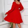 European and American Autumn Large-size Women's Clothing Lantern Sleeves Ruffle Edge Skirt Design Long-sleeved Square Neck Elastic Waist Dress