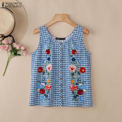 Canottiere Casual da Donna a Quadri con Scollo Rotondo Senza Maniche