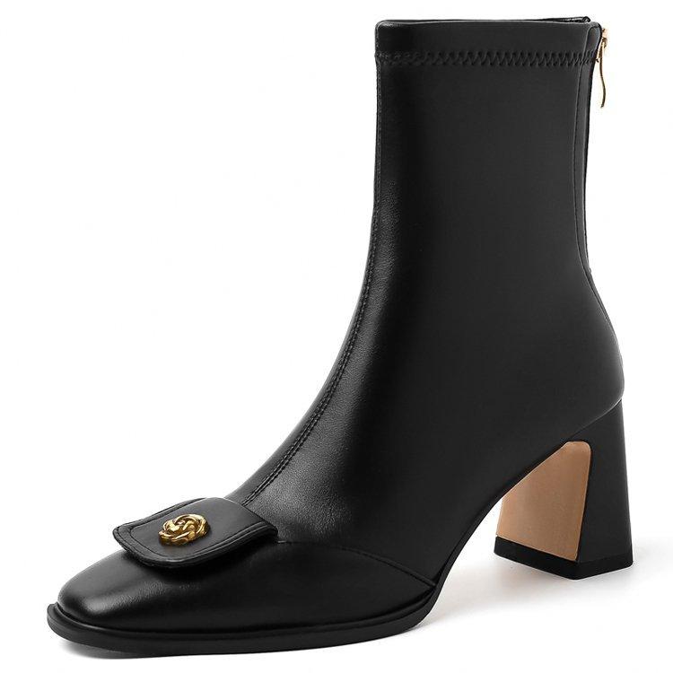 

[youshilai] French thick heel fashion short boots 2025 retro brown high heel temperament elastic thin boots 42