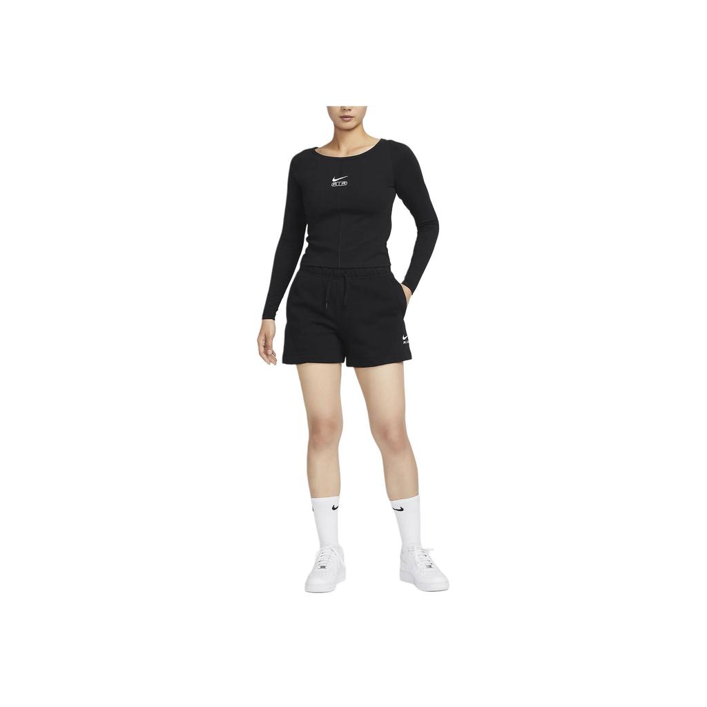 Nike Einfarbig Rundhals Casual Crop Enganliegend Langarm T-Shirt Damen Tops Schwarz FN1912-010