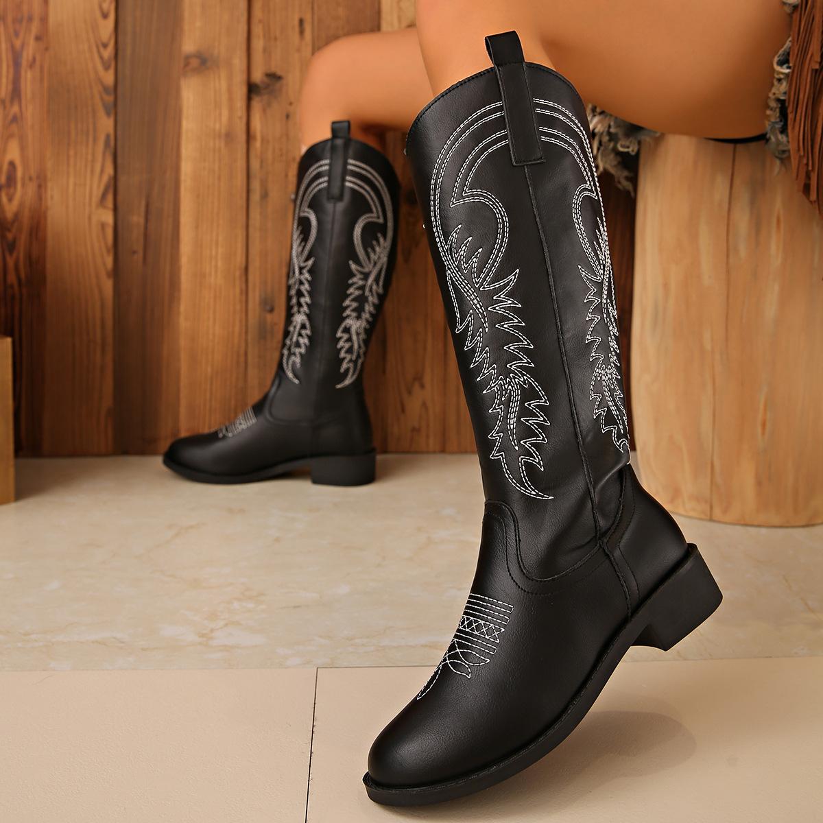 

thick-soled western cowboy boots women s 2025 summer new embroidery travel wear medium boots outdoor desert short boots 43 чёрный