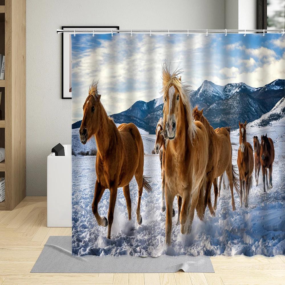 Grassland Animal Horse Shower Curtain Black White Horses Running Snowfield Horse Group Competition Bathroom Decor Curtains Hooks