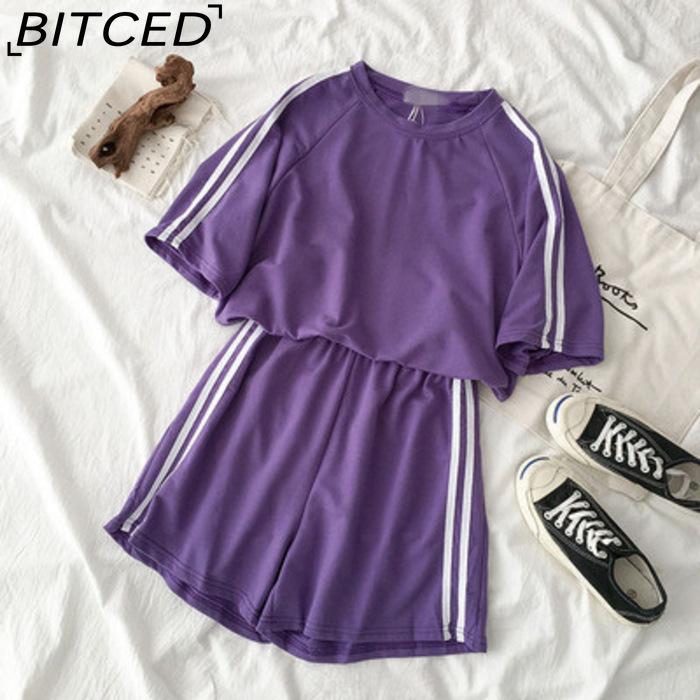

BITCED Спортивный комплект с коротким рукавом и шортами для летних девочек, учениц средней школы, свободный повседневный спортивный костюм из двух предметов для бега и бега XXXXL фиолетовый