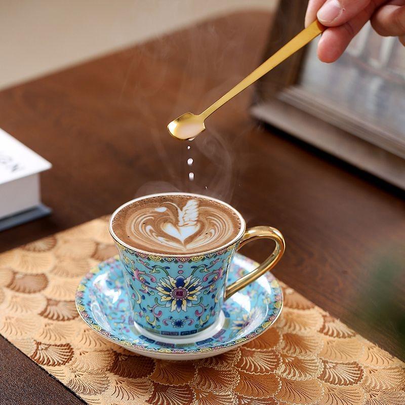 European Enamel Ceramic Coffee Cup & Saucer Set, Elegant Afternoon Tea Cup Set