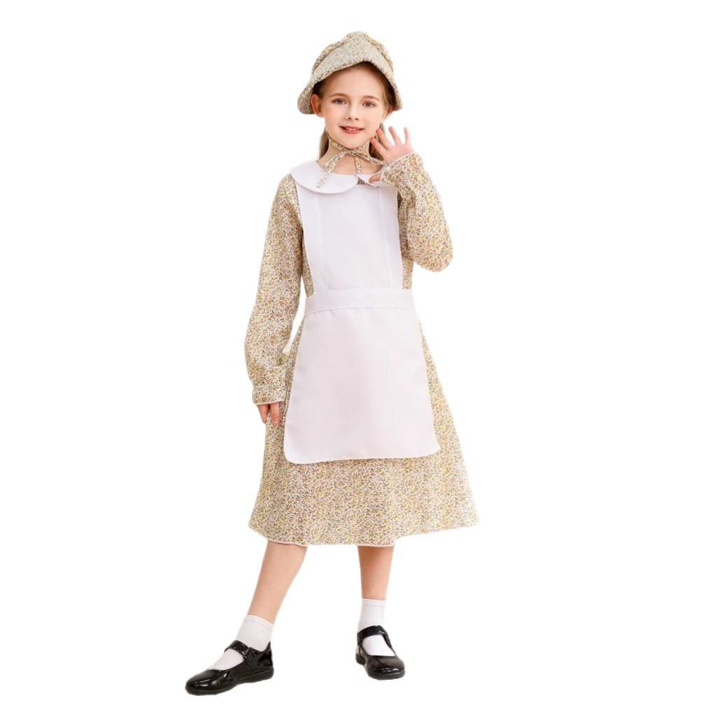 Halloween European pastoral maid cosplay yellow floral dress prairie colonial little girl show costume