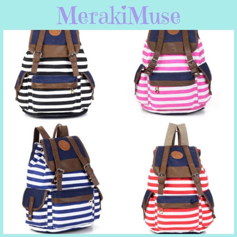 Durable Unisex Womens Stripes Canvas Backpack With Ample Storage For Daily Essentials