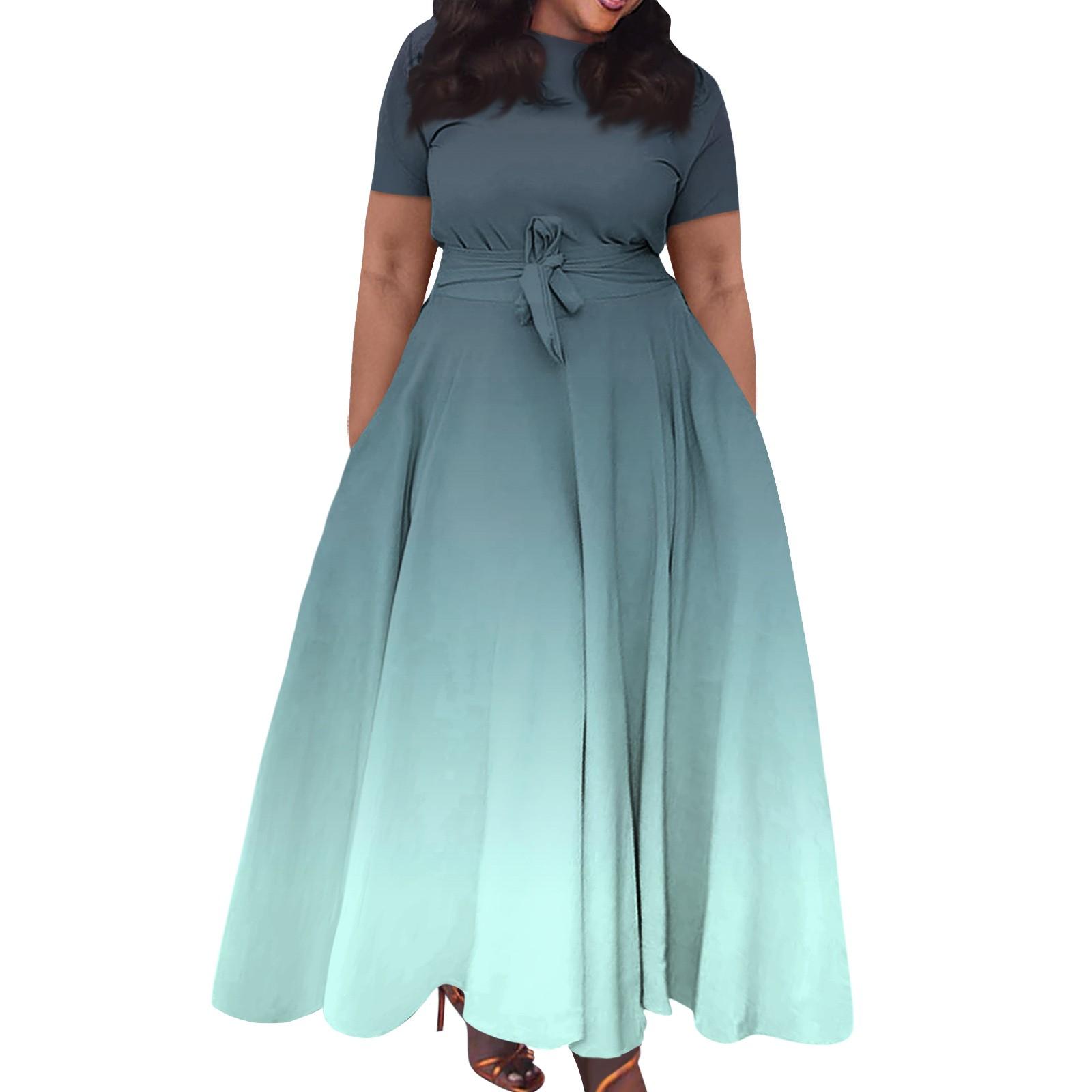 

Женское повседневное модное свободное платье большого размера с принтом, круглым вырезом и короткими рукавами, карманными бретелями XXXXXL циан