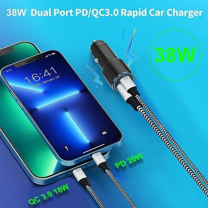 38W Car Charger Cigarette Lighter 2 USB-C and USB-A Ports Fast Charging - Black