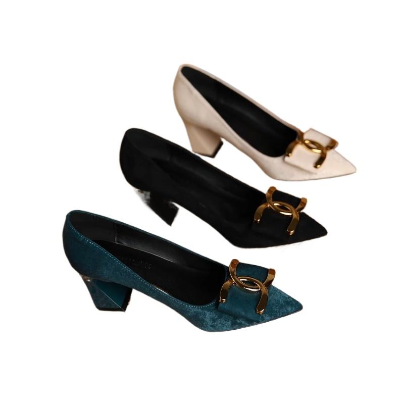 Fashion 2024 French style thick heel shoes for women  Spring and Autumn new versatile pointed black high heels for women