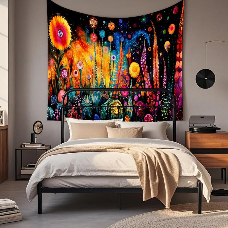 Boho Chic Wall Tapestry With Moon Phase Floral Starry Sky Design Bedroom Yoga Studio Decor