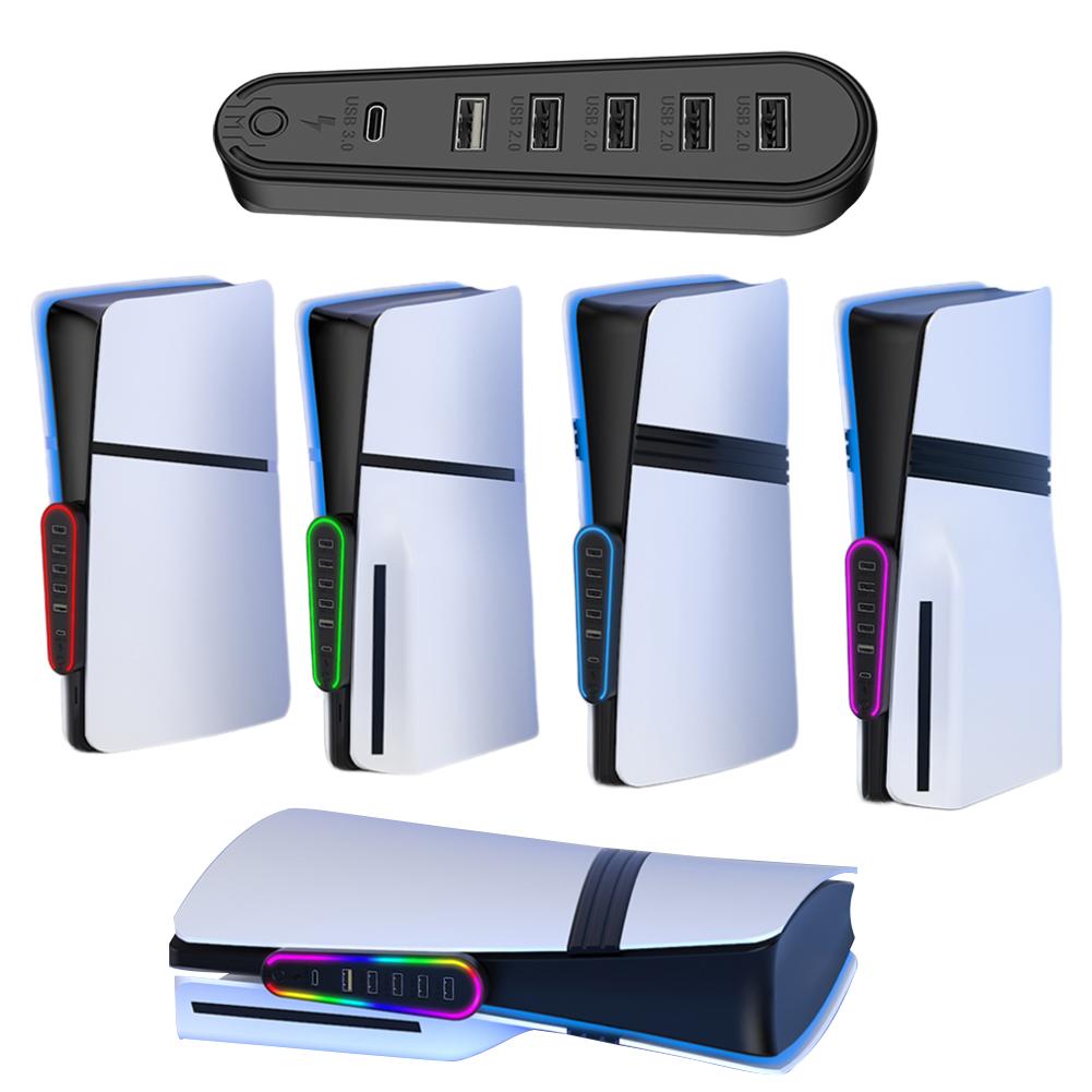 6 Ports USB Hub Charger Adapter Converter with RGB Light Expansion Hub Data Transfer Extender for PlayStation 5 Pro/Slim
