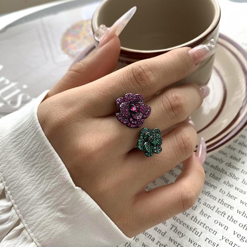 Jewelry Copper Bottom Gold-Plated Simulation Red Corundum Black Gold Immortal Flower Personalized Ring Female