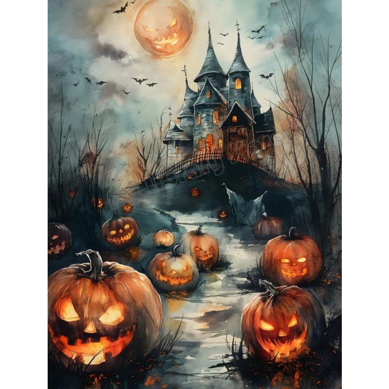 Spooky Halloween Town Folk Magical Forest Ghost Pumpkin Illustration Poster Canvas Painting Wall Pictures Holiday Home Decor