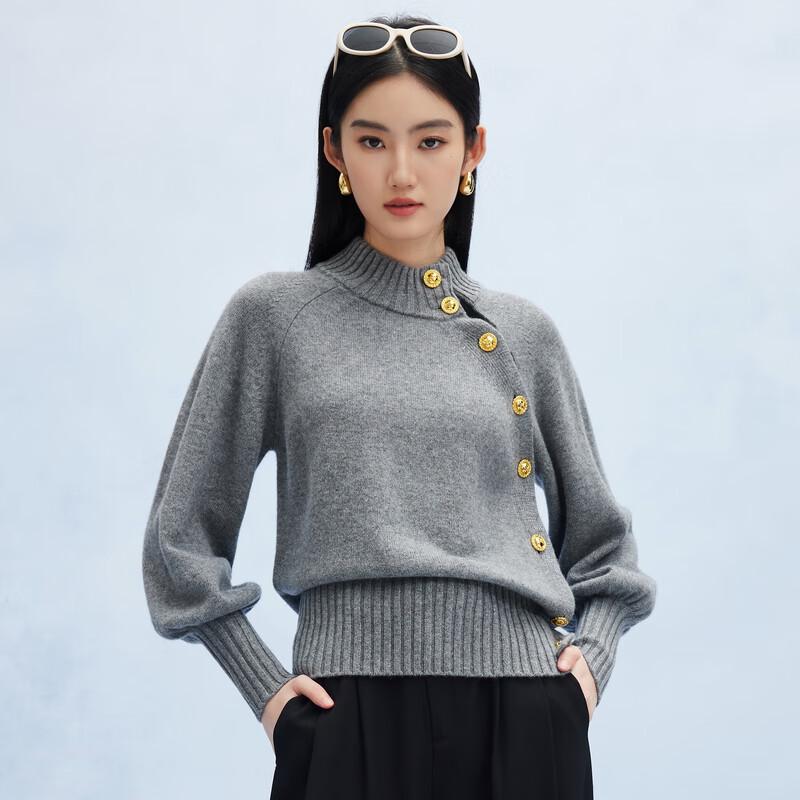 PALUOPO Women's 7-Gauge Pure Cashmere Semi-High Neck Lantern Sleeve Sweater