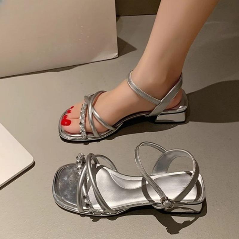 

Sandals Women s Shoes Rhinestone Shoes New Thick-heeled One-shoulder Shoes 40 бежевий