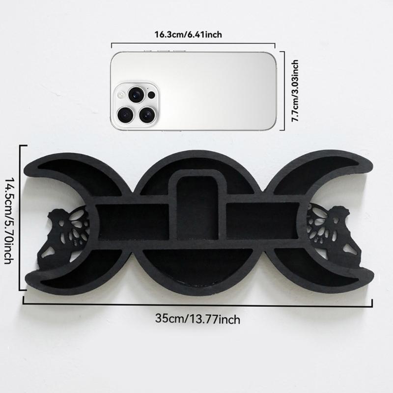 Black Fairies Moon Design Wooden Wall Crystal Display Hanging Shelf With Multi Compartments For Artistic Storage Solution