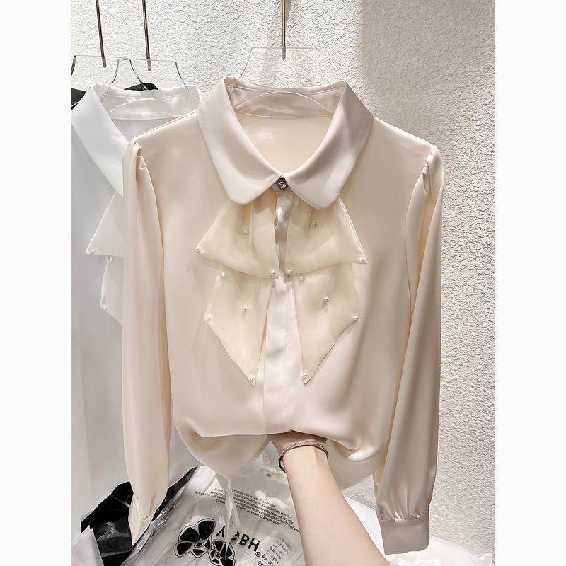 2024 Koreanischer Stil Rüschen Perlenbesetztes Revers Langarm Chiffon Top für Damen