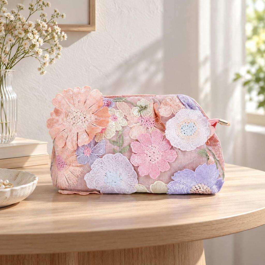 Slim Profile Sequined Woven Pouch Bag Lightweight Embroidered Floral Handbag