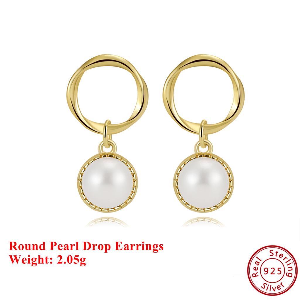 Effie Queen 100% S925 Silber 14k Gold Runde Süßwasserperlen Hängeohrringe Zeitloser Schmuck für Frauen Hochzeitsfeier Geschenk GPE121