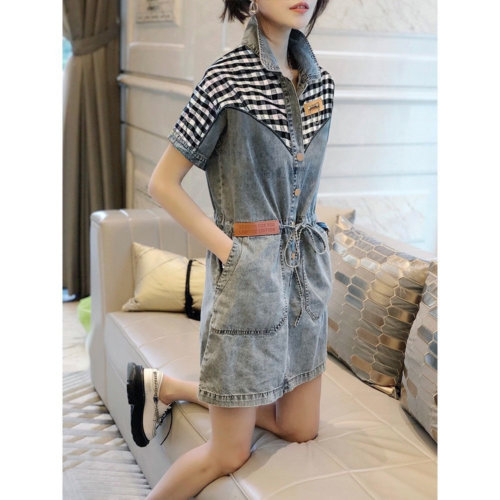 Summer Women Denim Dress Slim Fit Tie Waist V Neck Straight Cut Fashion European Style