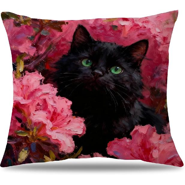 Floral Black Cat Pillow Cover 18x18, Cat Lovers Gifts for Women, Garden Cats Decorative Pillowcase for Home Bedroom Living Room