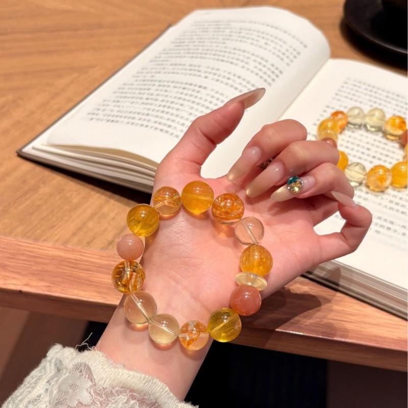 Honey Sunshine Original Yellow Crystal Beaded Bracelet Fluorite Phantom Quartz Lemon Large Beads Womens
