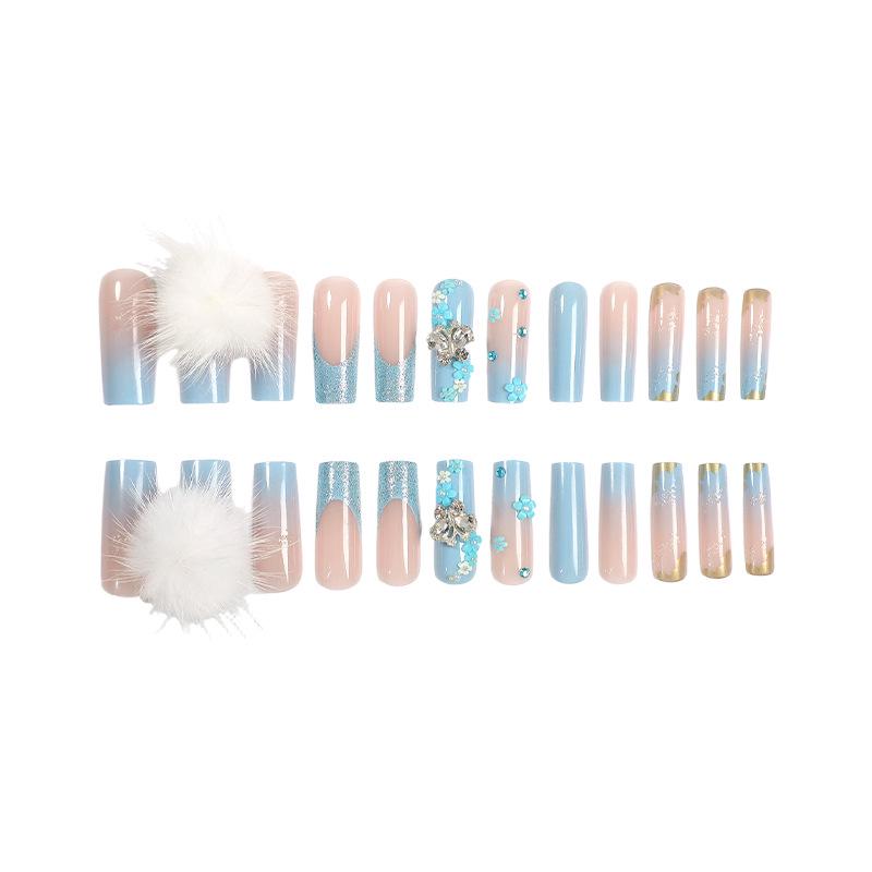 Exquisite 3D Bowknot Flower Pompon Rhinestone Handmade Long Nail Tips