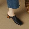 Fashion 2025 Summer New Genuine Leather Retro Semi-drag Mueller Slippers Woman Women's High Heel Square Toe Casual Shoes Women Slippers