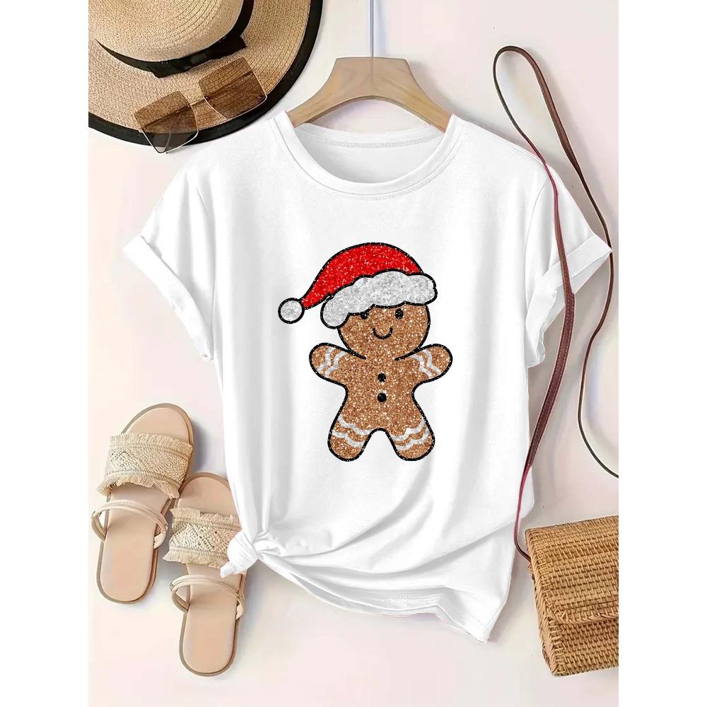 Plus Size Women's Round Neck Christmas Gingerbread Print Short Sleeve Festival Fashion Casual Tops