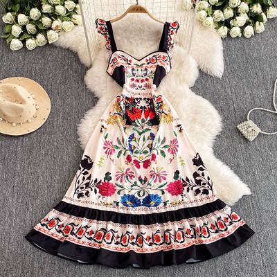 Yaz Kadın Tasarımcı Vintage Baskı Podyum Elbiseleri Zarif Fırfırlar İnce Askılı Uzun Maksi Parti Elbiseleri